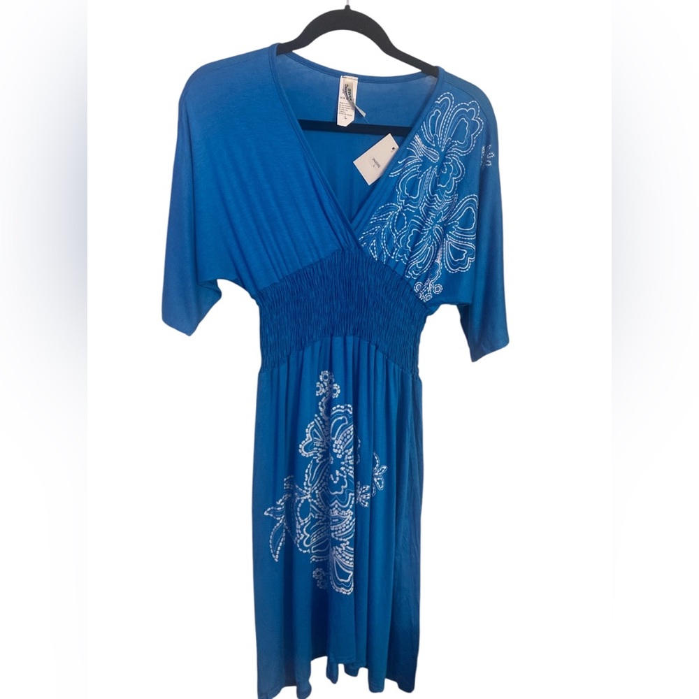 Esteven Wear Blue Dress with White Floral Design NWY L - Picture 3 of 6